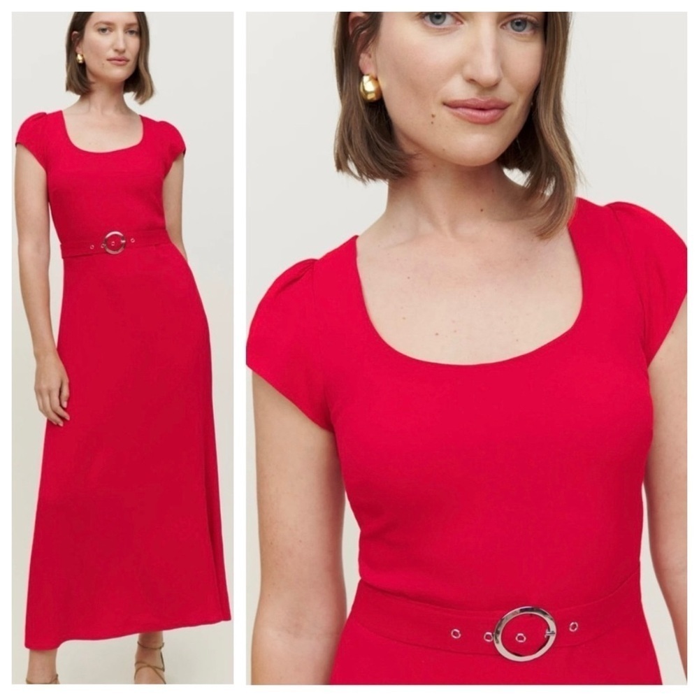 Reformation Laina Midi Dress Cap Sleeve waist Belt Lipstick Red Womens XS NEW